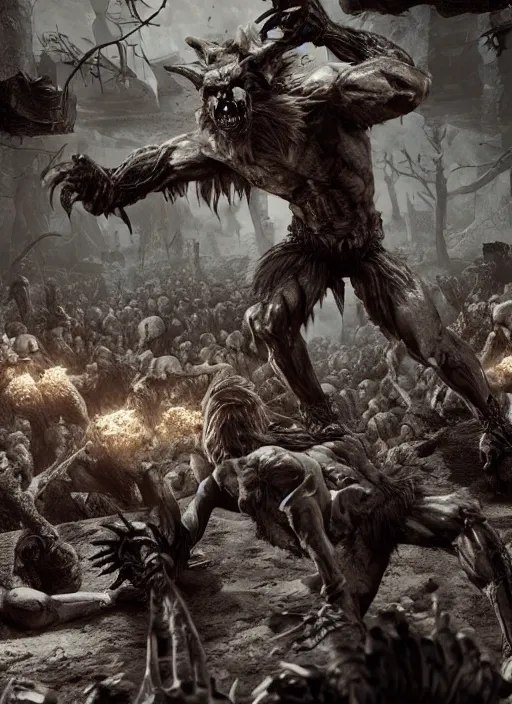 Image similar to a muscular werewolf fighting an endless army of skeletons, ultra - detailed fantasy, realistic, dnd, behance hd, artstation, ray tracing hdr render in unreal engine 5