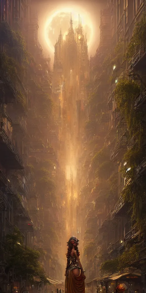 Prompt: golden ornate goddess looking at a hyper realistic cyberpunk city, busy crowded market street overtaken by lush plants, full moon, light rays, gnarly trees by tom bagshaw, mucha, gaston bussiere, craig mullins, j. c. leyendecker 8 k
