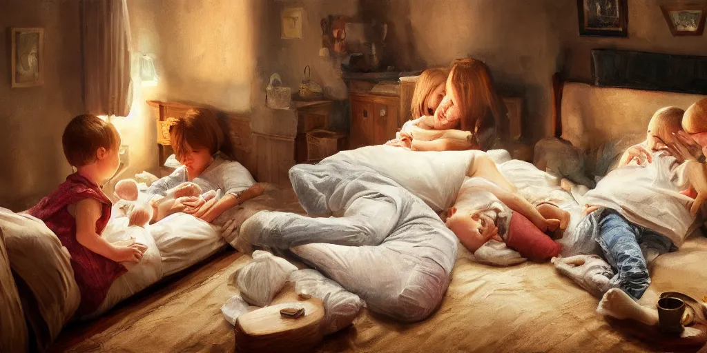 Prompt: family sick with the flu, ultra realistic, cozy, warm lighting, high art, oil painting, 8 k resolution