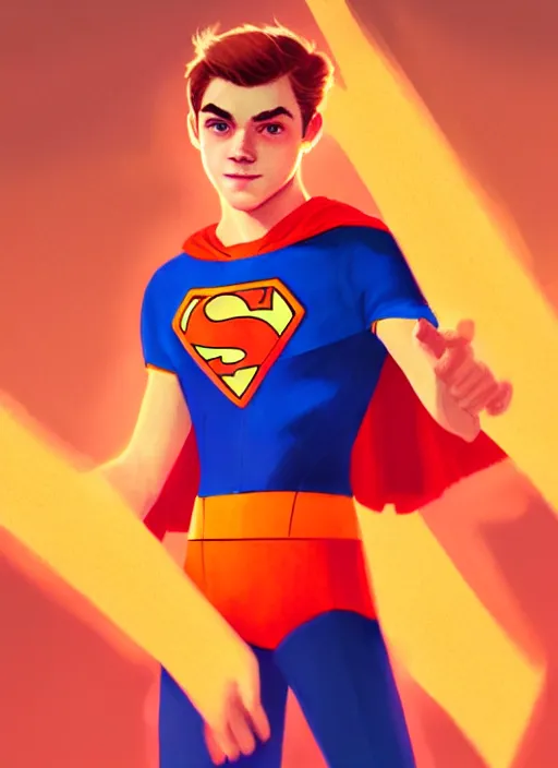 Image similar to kind teenage archie andrews wearing an orange superhero costume, superhero costume with heart emblem, cape, intricate, elegant, glowing lights, highly detailed, digital painting, artstation, sharp focus, illustration, art by wlop, mars ravelo and greg rutkowski