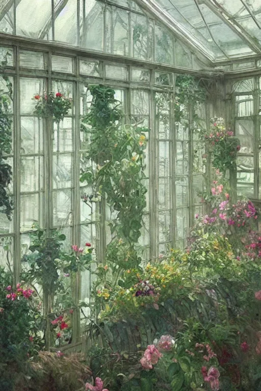 Image similar to a beautiful painting of a greenhouse, beside the window, rainy, gloomy and depressed, dark, low saturation, rococo, by krenz cushart and mucha and monet, trending on artstation.