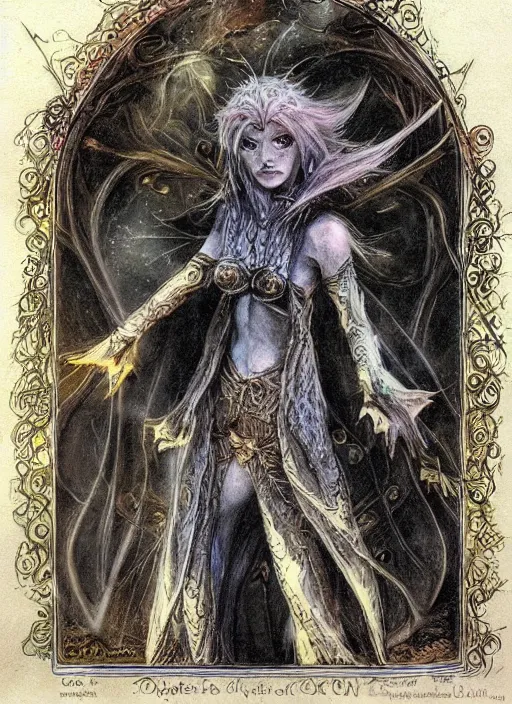 Image similar to portrait of young female sorceress of the endtimes, beautiful! coherent! dungeons and dragons character, by brian froud, strong line, night color, high contrast