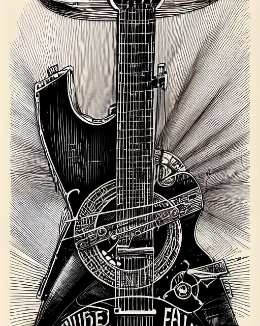 Image similar to a steampunk guitar leaning on an guitar amp, two point perspective, high details, bold line art, by vincent di fate and joe fenton, inking, etching, screen print, masterpiece, trending on artstation, sharp, high contrast, hyper - detailed,, hd, 4 k, 8 k