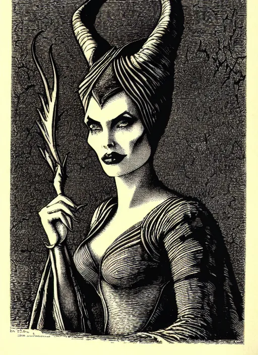 Image similar to maleficent in the style of the dictionarre infernal, etching by louis le breton, 1 8 6 9, 1 2 0 0 dpi scan, ultrasharp detail, clean scan