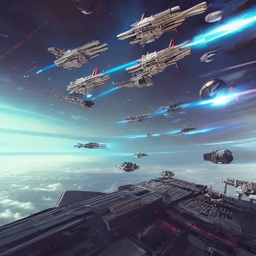 Image similar to 3 d point perspective, extreme long shot of the imperial fleet hovering over deep space menacingly, beginning to bombard with blaster fire, deep depth of field, make all elements sharp, aerial view, 8 k, octane, unreal 5, hyperrealistic, symmetrical, intricate digital art, photoshop, epic space battle