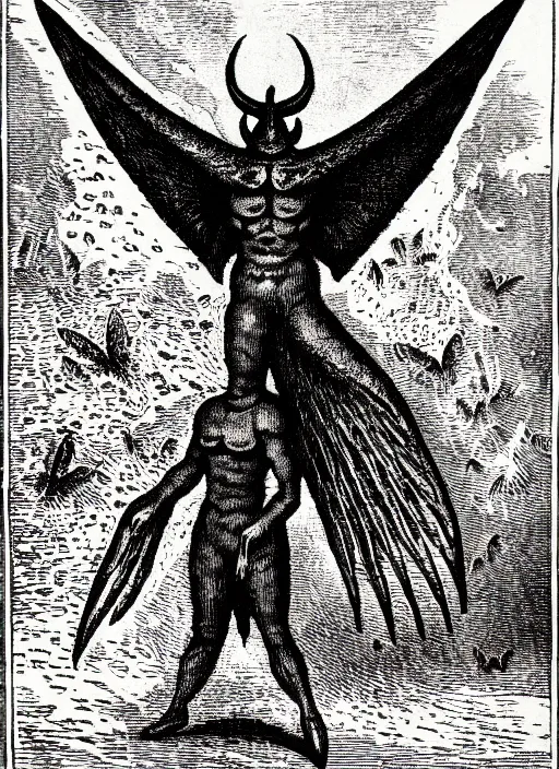 Image similar to illustration of mothman as a demon from the dictionarre infernal, etching by louis le breton, 1 8 6 9, 1 2 0 0 dpi scan, ultrasharp detail, clean scan