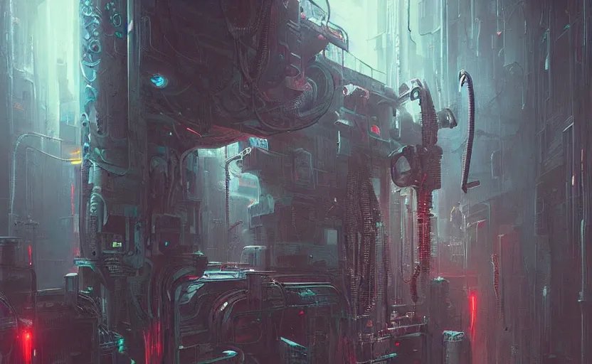 Image similar to neon drilling machine cyberpunk futuristic art by giger, greg rutkowski
