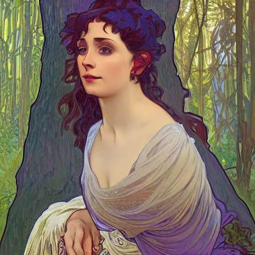 Image similar to portrait of a strange, gorgeous and mystical woman in the woods, trees in the background, evening lighting, 4k, detailed, in the style of Alphonse Mucha