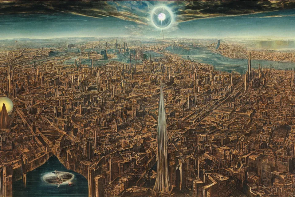 Prompt: Sauron's Eye looming over Cities all over the world 1945, renaissance painting, award-winning.