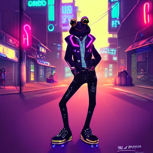 Image similar to beautiful furry digital art portrait commission of an androgynous furry anthro frog fursona wearing punk clothes in the streets of a cyberpunk city. neon signs. character design by charlie bowater, ross tran, artgerm, and makoto shinkai