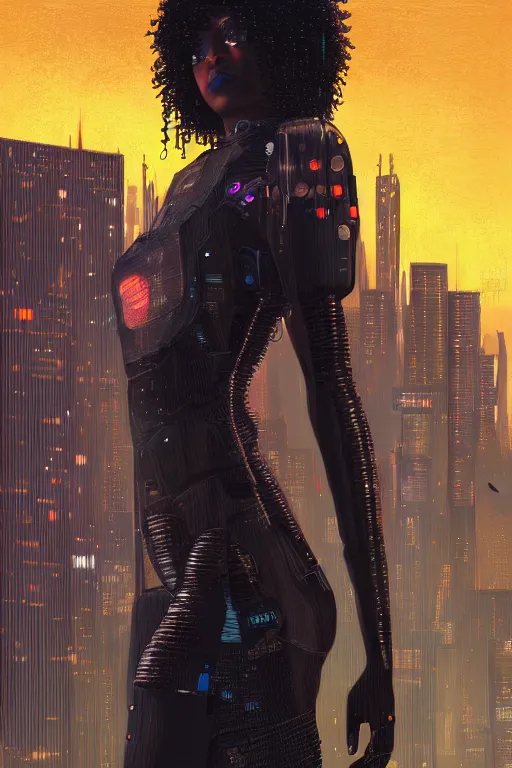 Image similar to a beautiful young Black woman, cyberpunk, Blade Runner city background, highly detailed, 8K, artstation, illustration, art by Gustav Klimt