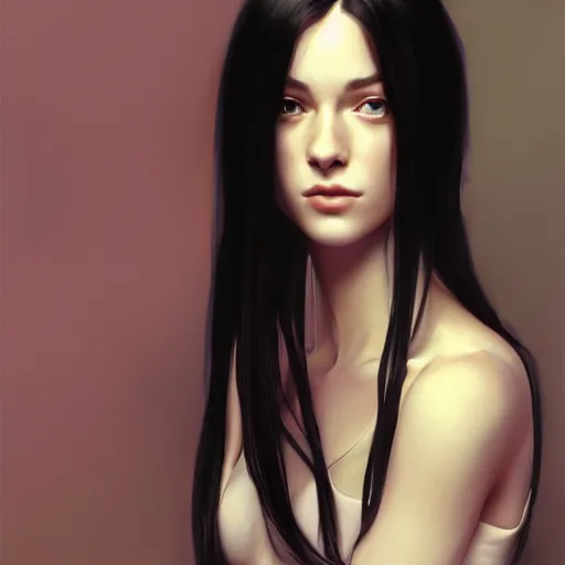 Image similar to portrait of teenage girl with long glossy black hair, glowing skin, delicate features, victoria wallace, stoya, fantasy, intricate, elegant, dress shirt and tie, highly detailed, digital painting, artstation, concept art, smooth, sharp focus, illustration, art by Krenz Cushart and Artem Demura and alphonse mucha