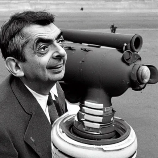 Image similar to Mr Bean watching the atomic bomb explode in the distance