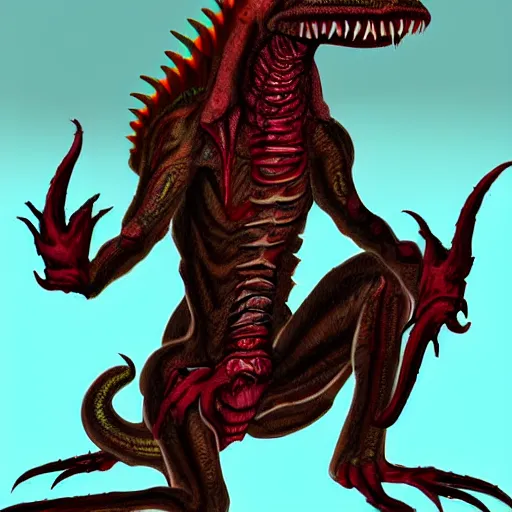 Image similar to big butcher anthropomorphic male lizardfolk posing scarily, scary angry pose, chasing you, bloody, covered in blood, fresh kill, cleaver, in a cave, earie setting, lovecraft eldritch horror, hyperdetailed, furaffinity, anthro art