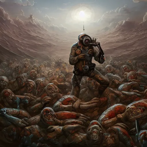 Image similar to comedian performing in a brutal battle field, stand-up comedy, dead laughing bodies on the ground, nuclear cloud in the far horizon, intricate, highly detailed, digital painting, trending on artstation, concept art, smooth, sharp focus