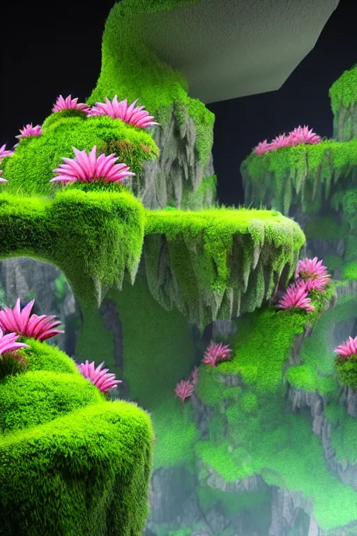 Prompt: an ultra - realistic massive volume cave : 5, ; bright coloured natural flowers and ferns : 1 ; miniature tiny futuristic city : 3 ; endless plain with pink lightning clouds : 2, highly symmetrical, balanced, octane render, in the style of sahm : 3 hd, 4 k, ultra - realistic, in unreal engine