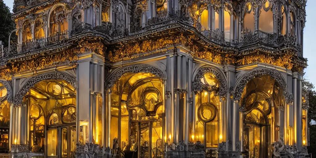 Image similar to extremely detailed ornate stunning sophisticated beautiful elegant victorian museum exterior by Henry Young Darracott Scott and Francis Fowke, stunning volumetric light, stainless steal, concrete, translucent material, beautiful sunset, tail lights