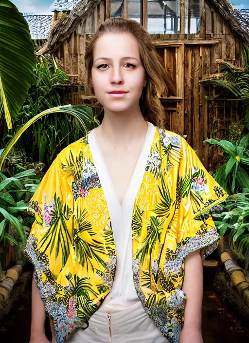 Image similar to amazing portrait photograph of beautiful young female model, symmetric face, symmetric eyes, slight smile, natural light,wearing a yellow kimono with a very detailed barn owl on her shoulder!!! in a tropical greenhouse. looking at the camera!!. super resolution. Extremely detailed. art by Rineke Dijkstra.