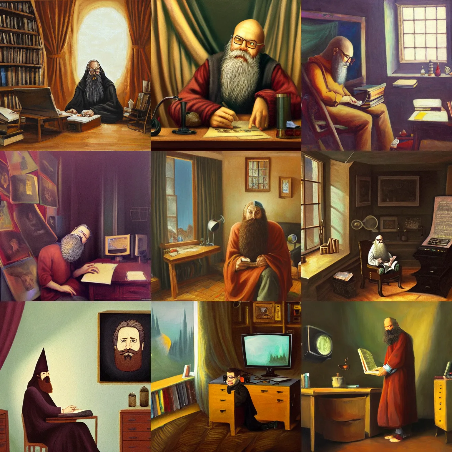 Prompt: bearded wizard studying in his room surrounded by crt televisions, oil on canvas