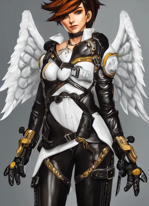 Prompt: full body artwork of tracer overwatch, wearing white latex and leather straps armor outfit, in style of mark arian, angel wings, dramatic painting, wearing detailed leather collar, ornate highly detailed armor, chains, black harness, detailed face and eyes,