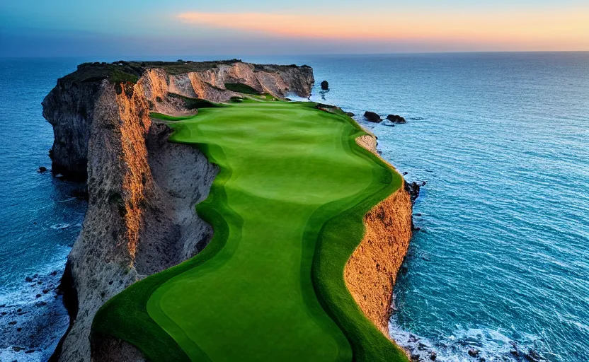 Image similar to a great photograph of the most amazing golf hole in the world, cliffs by the sea, perfect green fairway, human perspective, ambient light, 5 0 mm, golf digest, top 1 0 0, golden hour