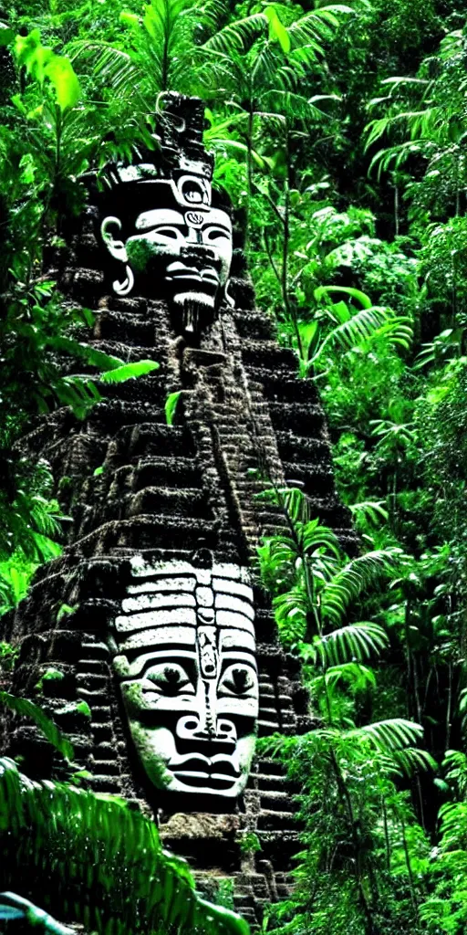 Prompt: a mayan god overlooking his subjects in the jungle,