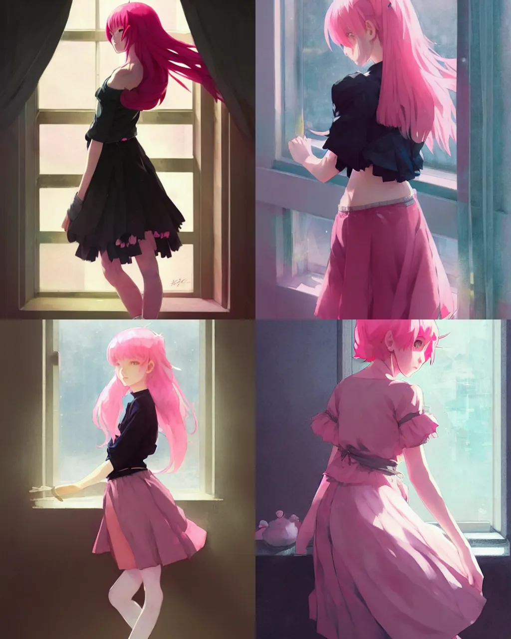 Prompt: a girl with pink hair and black skirt, by the window, a beautiful half body illustration, backlight, perfect shadow, soft painting, reduce saturation, leaning towards watercolor, art by hidari and krenz cushart and wenjun lin