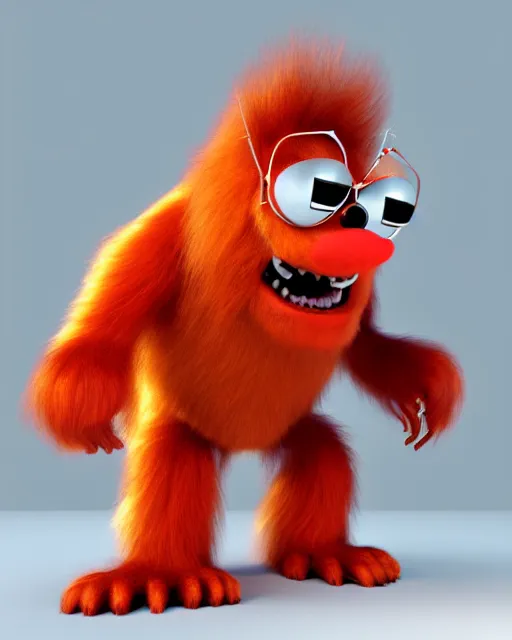 Prompt: 3 d render of completely red hairy friendly antropomorphic creature wearing chrome shades, without nose, grin, full body, standing on 2 feet, in the style of pixar, white background, unreal engine 5, octane render, highly detailed hdr