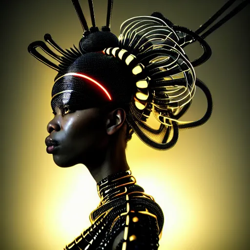 Image similar to portrait of an absurdly beautiful, graceful, sophisticated, fashionable black cyberpunk mechanoid gravure idol, hyperdetailed illustration by irakli nadar, maria borges, matt wisniewski style, intricate linework, dark black skin, neon jellyfish headdress, ivory carved ruff, unreal engine 5 highly rendered, global illumination, golden light, detailed and intricate environment