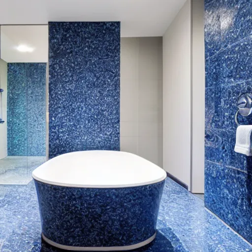 Prompt: a futuristic bathroom with walls and floor made of blue granite. There is a small swimming pool on the floor