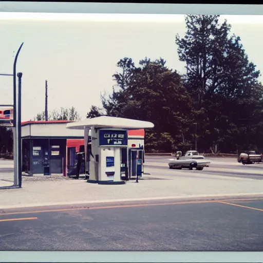 Image similar to polaroid photograph of a gas station from 1 9 6 8