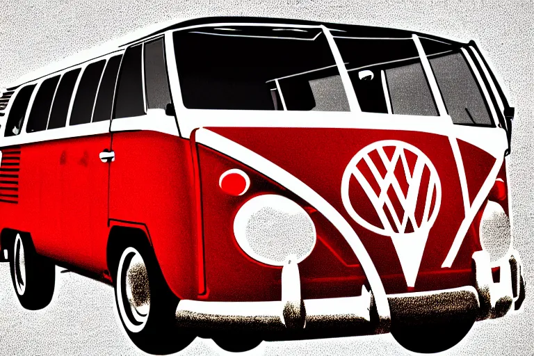 Image similar to vw bus!, in the style of john avon and derek riggs and eva widermann, trending on artstation, halfrear lighting closeup view anaglyph filter, bokeh, anime, colored pencil art, belle epoque