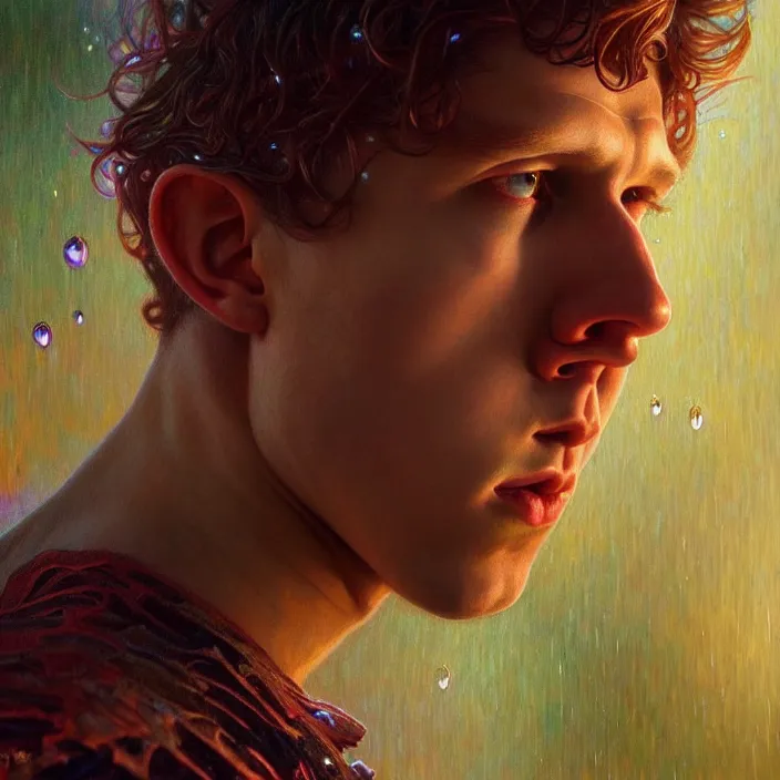 Image similar to psychedelic rainfall Tom Holland, diffuse lighting, fantasy, intricate, elegant, highly detailed, lifelike, photorealistic, digital painting, artstation, illustration, concept art, smooth, sharp focus, art by John Collier and Albert Aublet and Krenz Cushart and Artem Demura and Alphonse Mucha