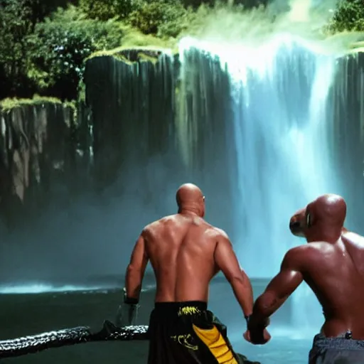 Image similar to Vin Diesel punching an alien wearing a Sombrero in the face, in front of a waterfall