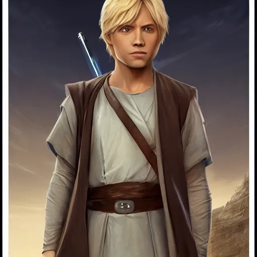 Image similar to a young blonde male jedi with short hair looking away at a threat full body shot concept art by Doug Chiang cinematic concept art, realistic painting, high definition, digital art, matte painting, symmetrical, very detailed, realistic, dramatic lighting, cinematic, establishing shot, extremely high detail, photo realistic, cinematic lighting, post processed, concept art, artstation, matte painting, red color scheme