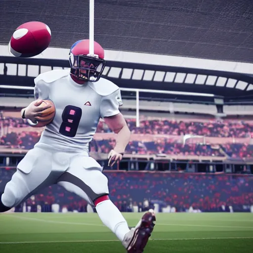 Prompt: american football player holding a soccer ball, 8 k, unreal engine, hyperrealistic