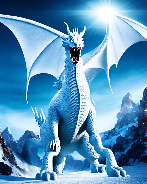 Image similar to giant ice dragon standing on a snowcapped mountain, highly detailed, 4 k, hdr, award - winning, directed by zack snyder