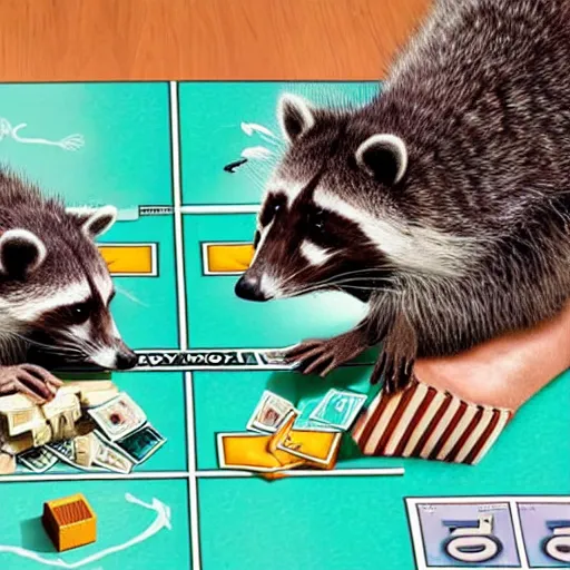 Prompt: a detailed photo of two raccoons playing monopoly