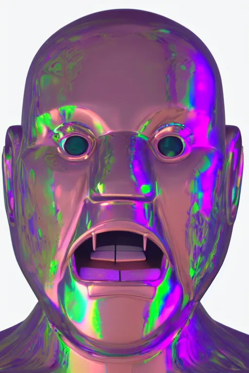 Image similar to 3d render of holographic angry human robotic screaming angry bust made of glossy iridescent, screaming, bust, surrealistic 3d illustration of a human non-binary, non binary model, 3d model human, cryengine, made of holographic texture, holographic material, holographic rainbow, concept of cyborg and artificial intelligence