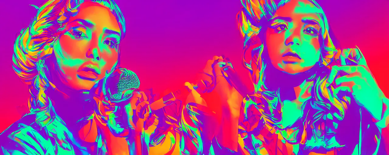 Prompt: Mexican female rapper holds microphone straight out, digital art, vapor wave, hip hop, psychedelic, surreal, trending on Artstation, professional artist, detailed, 4k