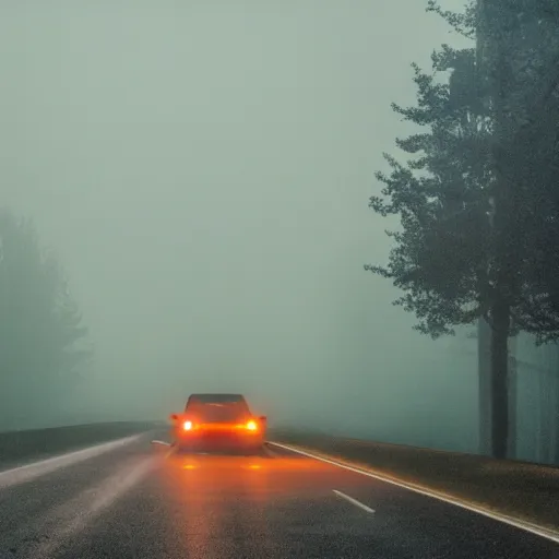 Image similar to television tower behind the trees at night with a man and car on the road in front with the fog, in the style of david lynch, movie camera low aperture