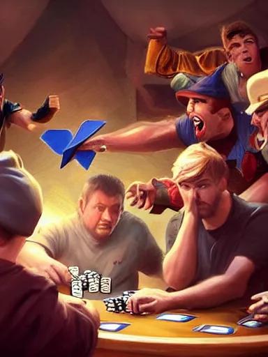 Prompt: guys yelling, cards flying during a poker match. brawl, fight, angry, fliping table intricate, elegant, highly detailed, digital painting, artstation, concept art, sharp focus, illustration, by justin gerard and artgerm, 8 k