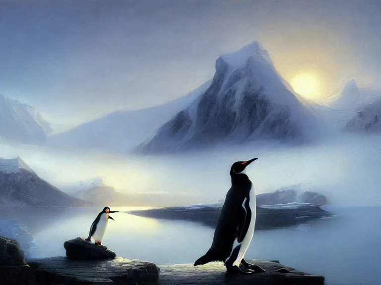 Prompt: an oil painting of a penguin and a misty glacier at dawn. by tuomas korpi moebius and carl spitzweg. baroque elements. intricate artwork by caravaggio. oil painting. oil on canvas. award winning. dramatic. trending on artstation. 8 k