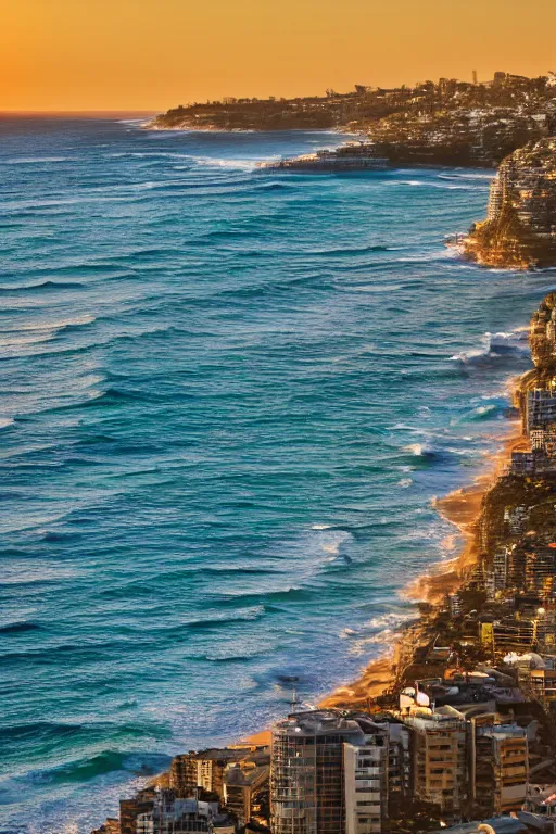 Prompt: View from Bondi Beach balcony, golden hour, depth of field, high resolution, award winning.