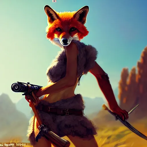 Image similar to splash art of cute feminine anthropomorphic vulpes vulpes fulva bounty huntress in the wild west, rugged clothes, motion blur, firefight, high energy action, dust, blurry : by weta, greg rutkowski, wlop, ilya kuvshinov, rossdraws, artgerm, octane render, liosh, mucha