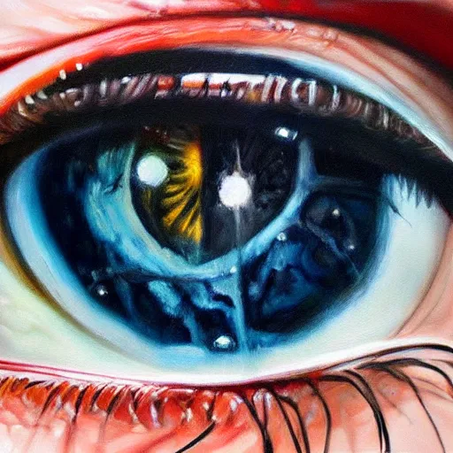 Image similar to a highly detailed photorealistic painting of a human eye that has a reflection of outer space