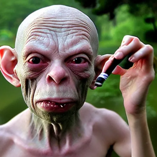 Prompt: Gollum smokes cigarette selfie