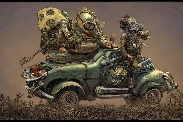 Image similar to a highly detailed garden gnome wearing goggles and head scarf hanging off the back of a car in full speed, wasteland, wide angle, an ultrafine detailed painting by p. craig russell and barry windsor - smith, trending on deviantart, octane, masterpiece