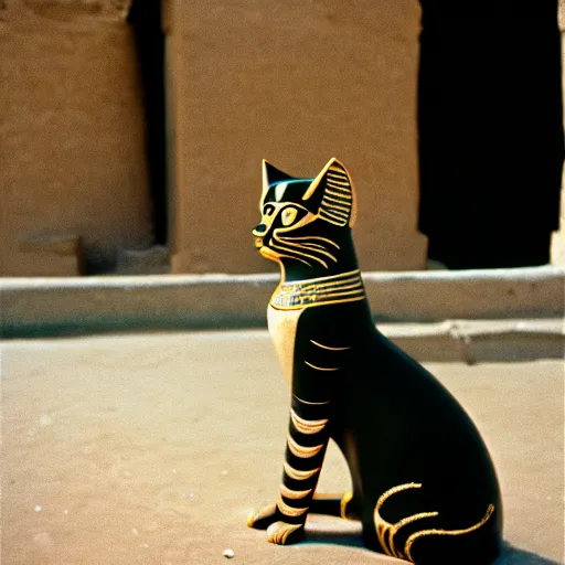 Image similar to hd photo of the egyptian cat goddess bast in modern cairo. high - quality candid photography, cinestill 5 0 0