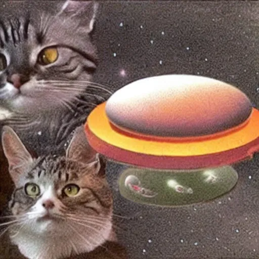 Prompt: ufo flying saucer being piloted by several cats, trippy